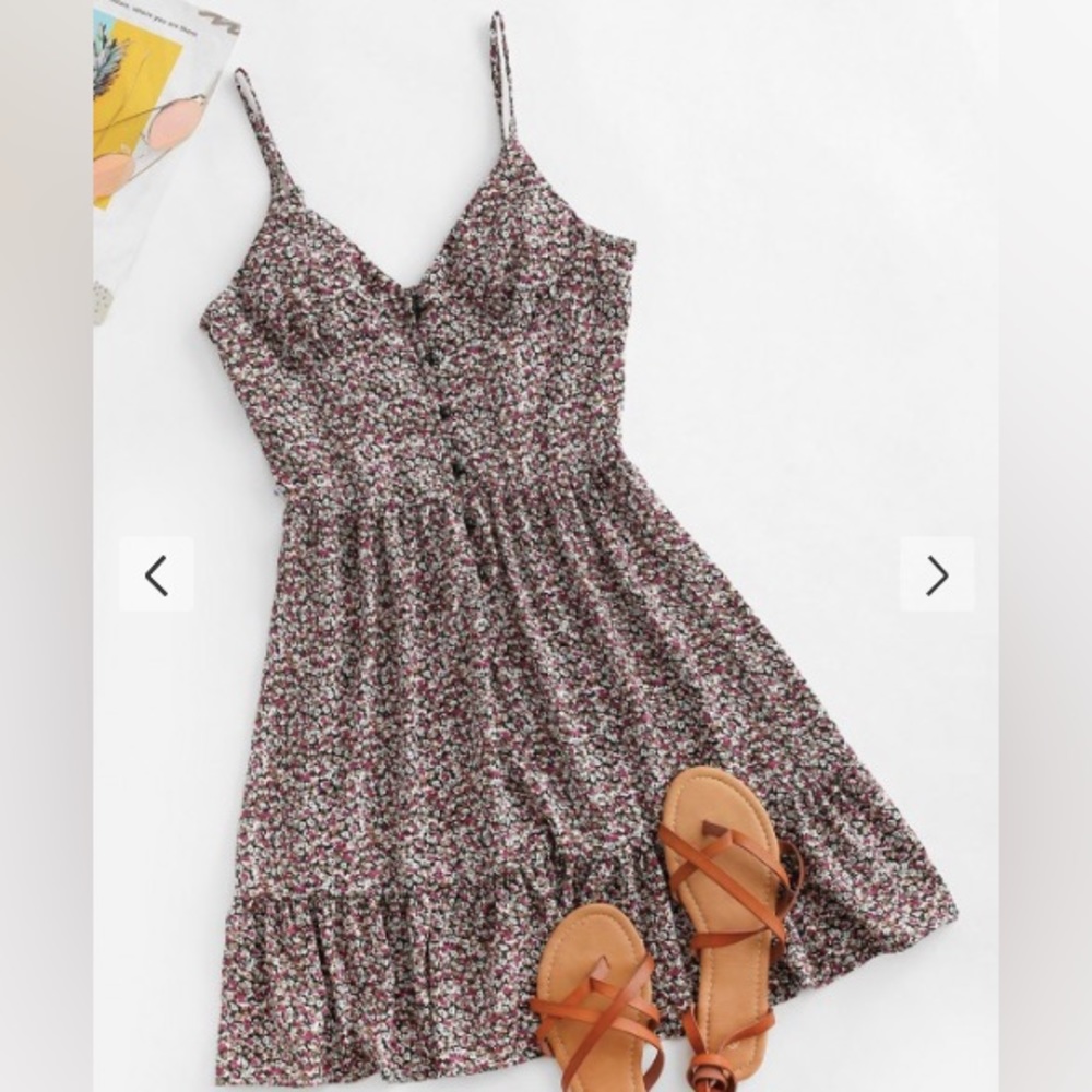 ZAFUL Ditsy Print Flounce Button Placket Dress